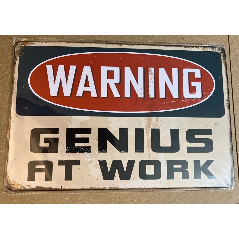 WARNING Genius At Work Sign - Vintage Retro Style Metal Tin Wall  12x8”